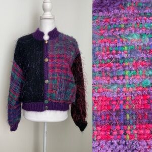 Vintage Quirky Fuzzy Eyelash Yarn Knit Cardigan, Black and Neon Colors